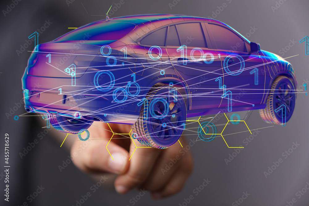 Poster Electric car icon from lines, triangles and particle style