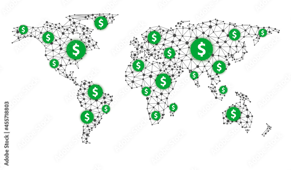 Poster polygonal world map with dots and lines.
