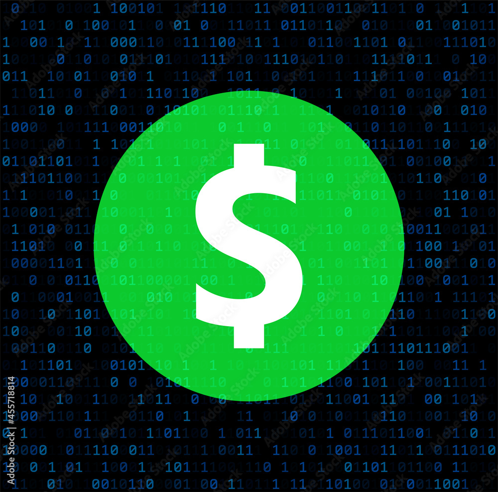 Poster big green dollar sign on black binary code background.