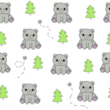 Cute bear white pattern with tree doodle butterfly. Hand drawn seamless paper with forest animals.