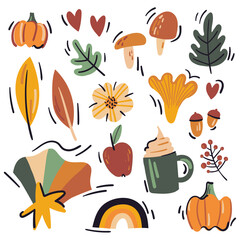 Fall illustration set, mushroom, leaves, pumpkin, nuts, latte, coffee, flower, hearts, apple, star with rainbow. Autumn season elements. Hand drawn big Vector set isolated on white background.