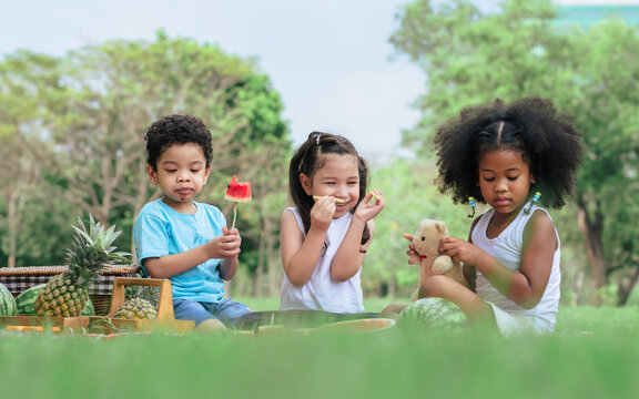 Group of three mixed race African and caucasian little cute kids sitting, playing in outdoor green park for picnic, eating fruit, watermelon, pineapple with freshness. Education and Diversity Concept.
