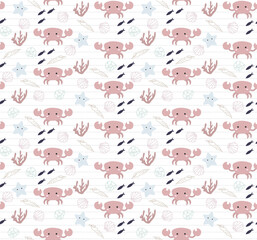 Seamless pattern with cute crab in cartoon style.