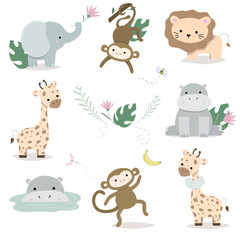 Cute animals set in cartoon style: hippo, lion, giraffe, elephant. Perfect for children.