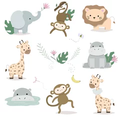 Stickers meubles Zoo Animaux mignons en style cartoon : hippopotame, lion, girafe, éléphant. Parfait pour les enfants.