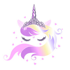 Cute unicorn face with closed eyes wearing a rainbow mane tiara.