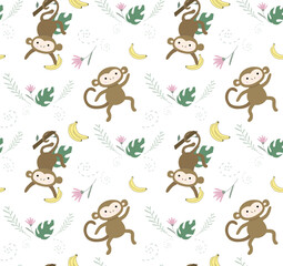 Fototapeta premium Seamless pattern with cute monkey in cartoon style. Perfect for children