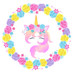 Face of a unicorn with closed eyes and a wreath of flowers.  Vector illustration isolated on white background.