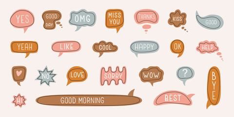 Big set of colorful cartoon speech bubbles with dialog boxes with phrases: happy, thanks, love , miss you, happy, good morning , sorry, bye, help . Modern vector illustration	

