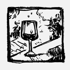Hand drawn vector illustration with glass of wine. Graphic vintage design.