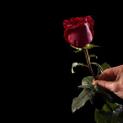 Present rose on black background. Romantic night. Dating at night. Red rose in hand.