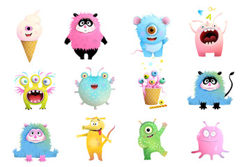 Fun toy monsters collection for children. Isolated clipart with funny imaginary monsters and creatures, funny smiling toys collection. Vector isolated monster characters for children. © Popmarleo