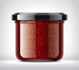 Glass Jar with Raspberry Jam on Background. 