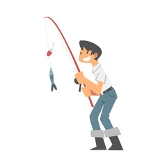 Young Man Character in Fisherman Boots with Angling Rod Fishing Vector Illustration