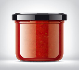Glass Jar with Tomato Sauce on Background. 