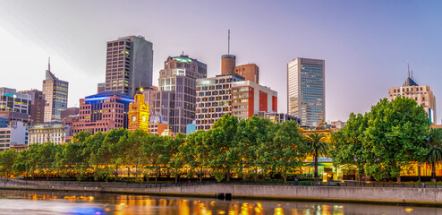 Melbourne skyline along Yarra river at sunset, Australia