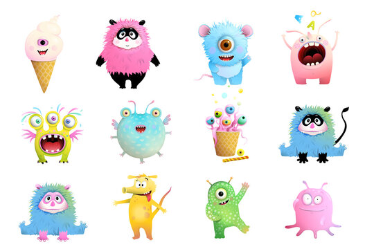 Fun toy monsters collection for children. Isolated clipart with funny imaginary monsters and creatures, funny smiling toys collection. Vector isolated monster characters for children.