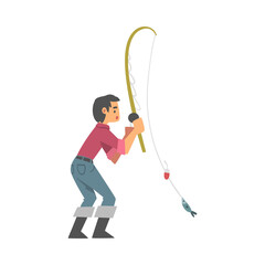 Young Man Character in Fisherman Boots with Angling Rod Fishing Vector Illustration