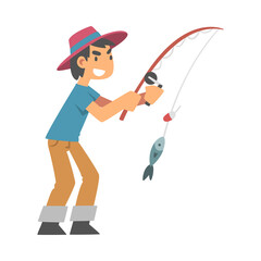 Young Man Character in Fisherman Boots with Angling Rod Fishing Vector Illustration