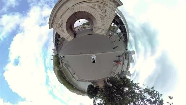 PARIS, FRANCE - Aug 04, 2021: 360 video footage. Walk through Bir-Hakeim bridge in Paris, France. 
Using monopod to film.