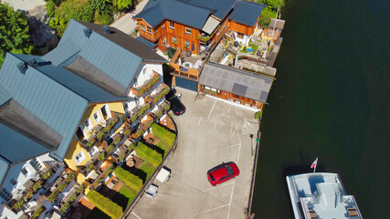 Hallstatt, Austria. Aerial view of the car parking along the beautiful lake in summer season.