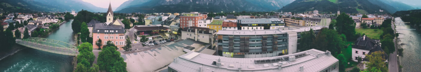 Panoramic aerial view of Lienz skyline from a drone at night, Austria.