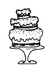 vector three-tiered cake on a stand with a dot texture. multi-tiered cream cake hand-drawn in the style of doodles with an isolated black line on a white background for a design template for an invita
