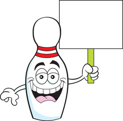 Cartoon illustration of a smiling bowling pin holding a sign.