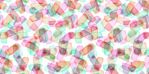 Hand Painted Brush Stroke Seamless Watercolor Pattern. Abstract watercolour shapes in Red Pink and Blue Color. Artistic Design for Fabric and Background