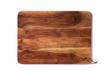 top view wooden cutting board isolated white background