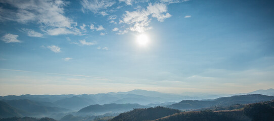 Landscape view of mountain at sunrise. Environmental background. Cloudy sky for web banner.