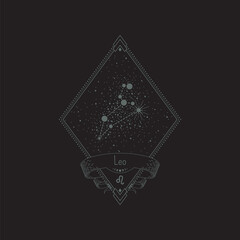 Sketch tattoo leo constellation with title in a retro frame. Vector linear isolated diamond-shaped astrological illustration with rhombus, star system, ribbon and zodiac sign for print