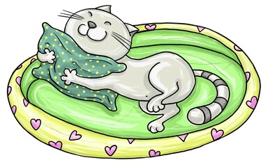 Cute pussycat napping in its place at home. Grey cat slipping and holding a green pillow. Hand drawn funny cartoon illustration isolated on a white background.