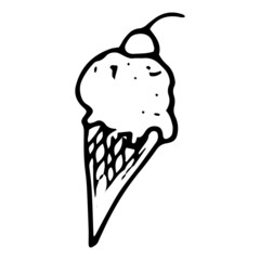vector waffle ice cream cone with a cherry on top and a sprinkling texture of dots. food ICE CREAM with CHERRY berry hand-drawn in the style of doodles with a black isolated line and a white backgroun