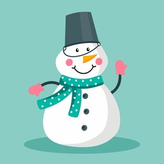 The snowman is funny, in mittens and a scarf with a bucket on his head. Vector illustration in a flat style. The concept of Christmas and New Year.