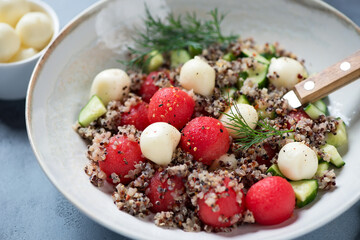 Close-up of salad with quinoa, watermelon balls, cucumber and scamorza cheese, selective focus, horizontal shot