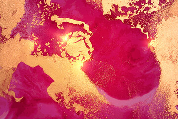 Vinatge abstract gold, magenta, and pink marble texture with sparkles. Vector background in alcohol ink technique with glitter. Template for banner, poster design. Fluid art painting