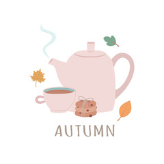 Cute teapot and a cup with a hot drink and oatmeal cookies. Vector hand-drawn illustration.