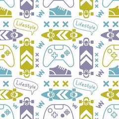 Obraz premium Vector Illustration of Retro Skateboard with Gamepad and Sneaker