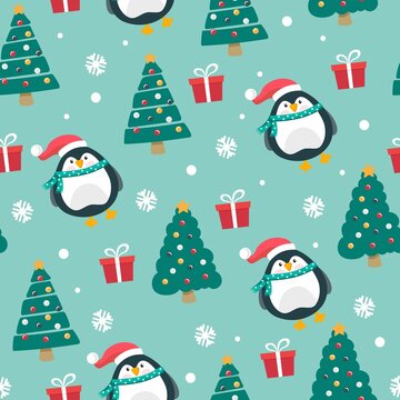 Christmas pattern with a Christmas tree with gifts and a penguin. The concept of Christmas and New Year. Vector illustration in a flat style.