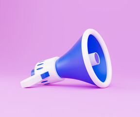 Megaphone on pink background. 3d render illustration with copy space. 3d render white and blue portable cordless megaphone lies on a pastel pink background. Getting your message through