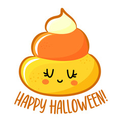 Happy Halloween - funny illustration in candy corn costume. Handmade sticker print. Illustration with cute feces. Good for prints on t-shirt and bag, poster, card. Cute poop or shit. Trick or treat.