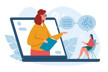 Online therapy, psychological counseling, psychotherapy session via internet. Therapist talking with patient in video chat vector concept. Virtual professional treatment consultation