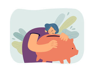 Happy female cartoon character hugging big piggybank. Woman with moneybox flat vector illustration. Saving, finances, banking, investment concept for banner, website design or landing web page