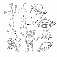 Set of doodle space illustration. Hand-drawn cartoon astronauts, aliens , flying saucers and stars. - 455726812