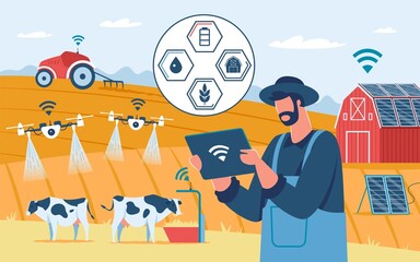 Smart farming, innovative farming technology, agricultural drones. Ecological solar powered farm, agriculture automation vector illustration. Monitoring farmland, future wireless control