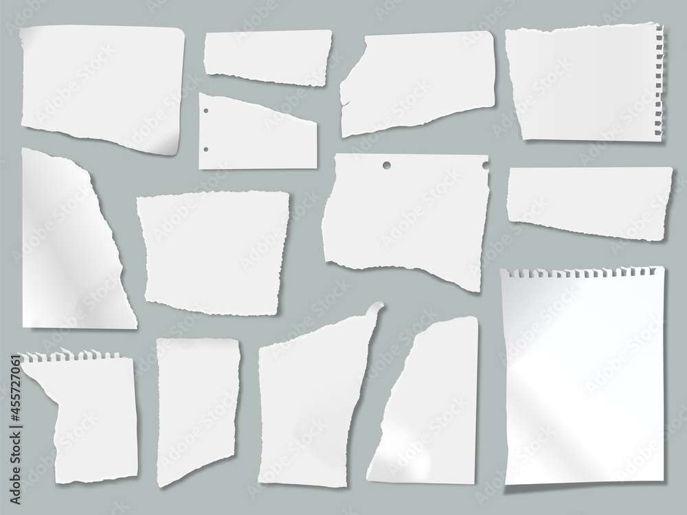 Poster ripped paper scraps with torn edges, ragged papers pieces. realistic white crumpled notebook sheets,