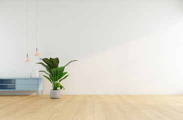 Minimalist empty room with sideboard on the white wall. 3d rendering