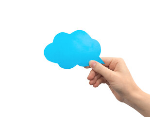 Blue cloud speech bubble in hand isolated on a white background. Giving feedback, communication concept. Empty cardboard text box mockup