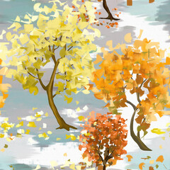 Seamless pattern. Autumn landscape, yellow and orange trees. Texture of paint, canvas.